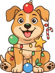Fototapeta premium Cute cartoon dog decorated with christmas ornaments and lights