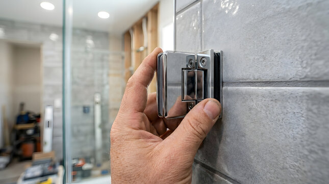 installing glass shower door hinges | bathroom renovation professional tile work | frameless glass door hardware installation | home improvement bathroom remodeling project