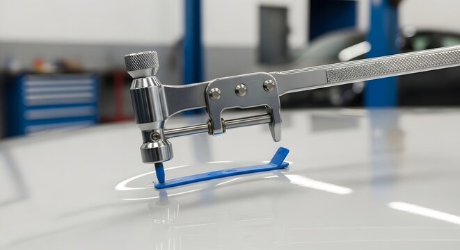 Close-up of a dent repair tool in action on a white car surface, showcasing the process of fixing automotive body damage.