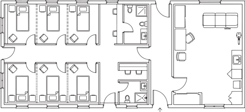 Architectural floor plan of a dormitory building with multiple bedrooms and a shared common living area vector
