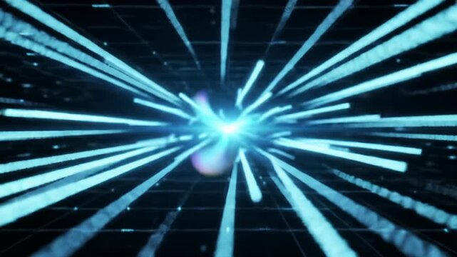 Dynamic digital landscape with electric blue light streaks rapidly traversing an inky black grid; a central light form pulses in a wide dolly video with neon glows, data flow concept