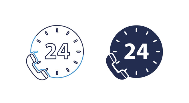 Twenty four hour support clock icon: Glyph and solid icon set - Icon vector - logo icons. Blue, Black and white icons
