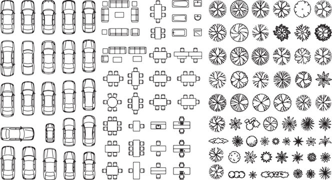 Architectural site plan symbols set with cars furniture and trees in top view vector illustration