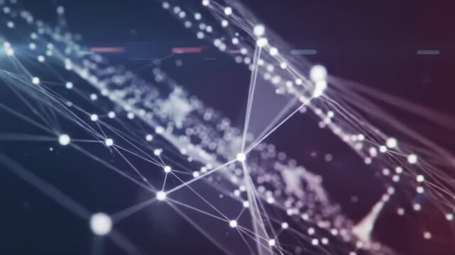 A high-tech animated plexus network of luminous dots and glowing lines, dynamically reconfiguring, against a crimson to midnight blue gradient background with bokeh. Abstract digital connection