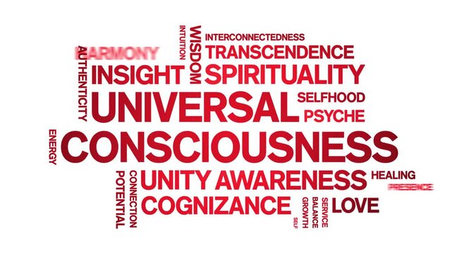 Universal Consciousness animated word cloud-text design animation tag kinetic typography seamless loop.
