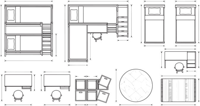 Furniture technical drawing set showing bunk beds desk units and storage organizers in top and front views