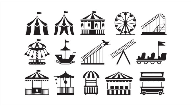Black silhouette amusement park icon set showing roller coasters ferris wheels carousels train rides and festive fairground attractions vector illustration