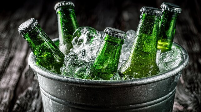 Metal Ice Bucket With Chilled Brown And Green Glass Beer Bottles Covered In Condensation And Ice Cubes, Isolated White Background For Bar Poster, Night Food, Summer Beverage Promotion Template