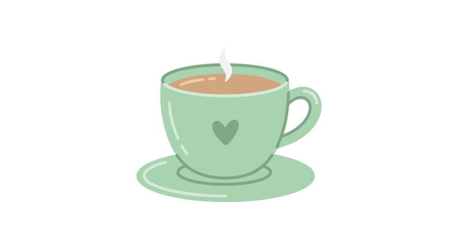 Green teacup and saucer with heart detail flat vector silhouette
