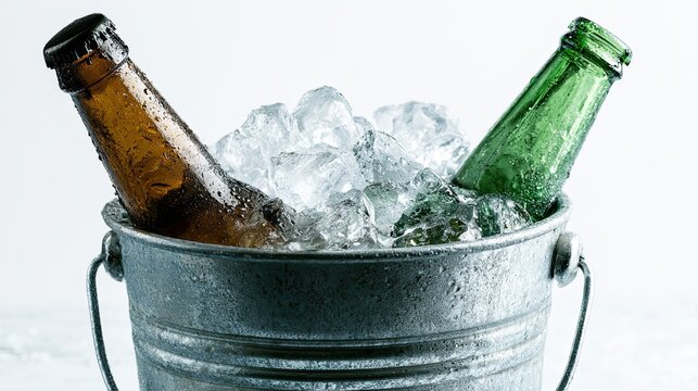 Metal Ice Bucket Filled With Chilled Green Glass Beer Bottles With Condensation And Ice Cubes, Vintage Wood Background For Bar Poster, Night Drinks, Summer Party Promotion Graphic Template