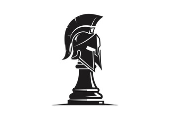 A black and white stylized illustration of a classical chess rook piece with a Spartan helmet overlay © gpengg
