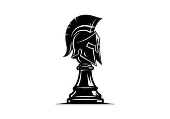 Black and white silhouette of a detailed chess knight with a crest and stylized mane © gpengg