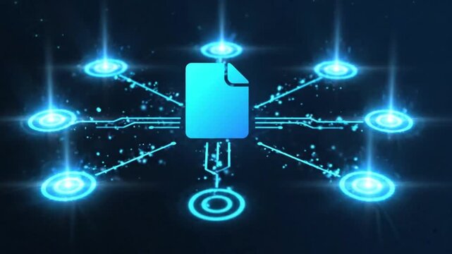 Abstract background animation showing a central document file icon connecting to multiple glowing node rings through digital circuit paths and sparkling particle lines on a dark background.