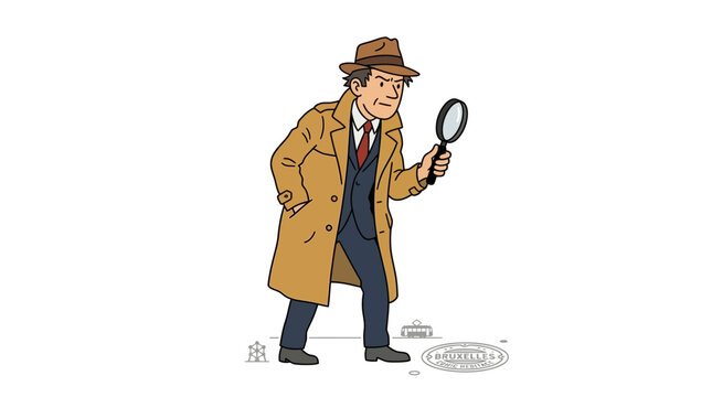Cartoon detective in a trench coat and fedora hat holding a magnifying glass, investigating a clue on the ground.