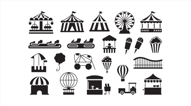 Black silhouette amusement park icon set showing ferris wheel carousel roller coaster circus attractions and festive fairground elements vector illustration