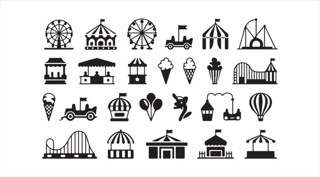 Amusement park silhouette icons featuring ferris wheels roller coasters carousels circus tents and carnival attractions