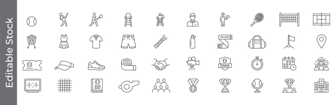 Tennis sport and tournament icon set &ndash; editable outline symbols of ball, racket, player, net, court, referee, jersey, shoes, trophy, umpire chair, umpire, scoreboard and match equipment