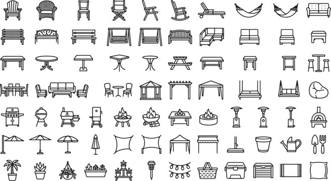 Outdoor furniture and garden decor line icons set for patio design and backyard landscaping vector illustration