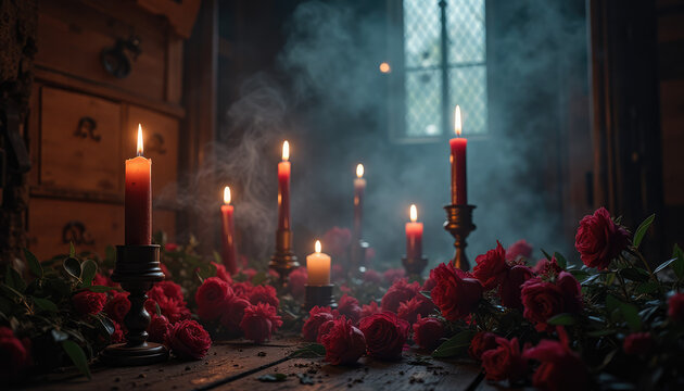 Burning candle in holder surrounded by red rose flower on wooden table. Romantic evening atmosphere with smoke and moody lighting. Gothic style background design for Valentine Day.