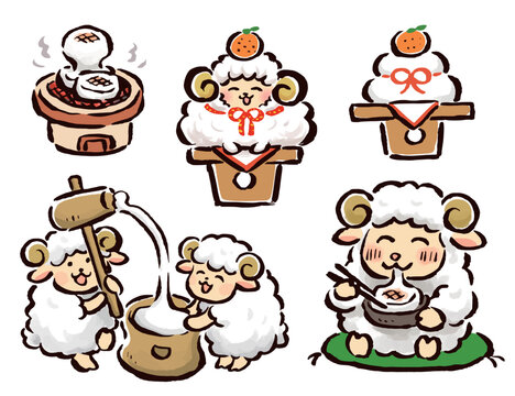 お正月　お餅と未（羊）　ゆるい手描きのイラストセット