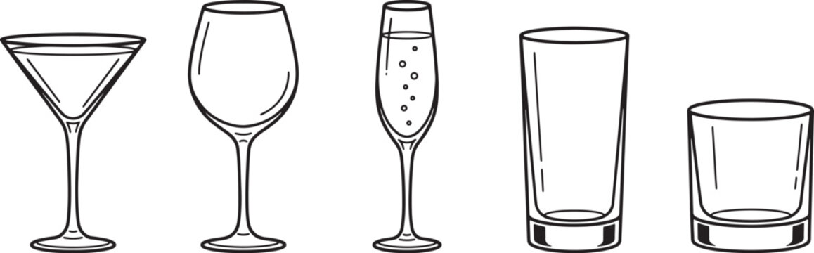 Set of various empty glassware icons including martini, wine, champagne, highball, and rocks glasses in vector