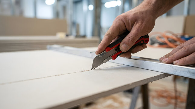 Hand scoring plasterboard with utility knife | Drywall installation and cutting process | Professional construction worker measuring gypsum board | Home renovation DIY drywall project