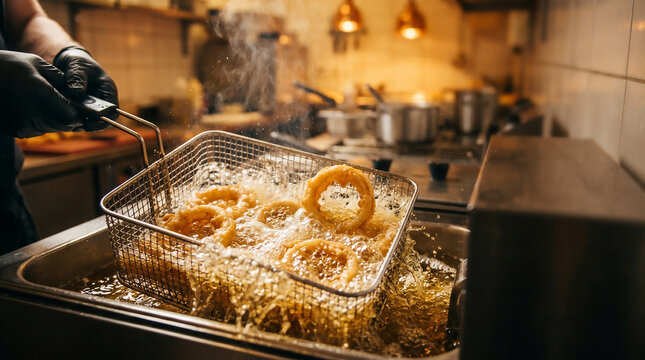 Close-up of golden brown crispy onion rings being deep-fried to perfection in hot oil, a delicious snack enjoyed by many