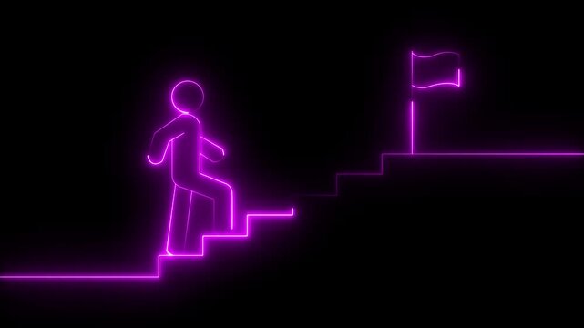 Neon glowing Person Climbing Stairs Towards Success flag icon animation on black background. 4k animation alpha chanel loop