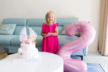 Little Girl with Pink Number two Balloon at Birthday Party © Алина Бузунова