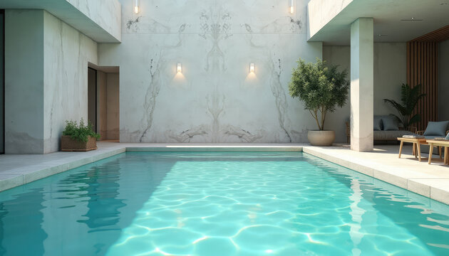 Modern swimming pool at luxury villa with marble wall. Outdoor recreation area with clear blue water and lounge furniture. Elegant minimalist architecture for summer vacation retreat.