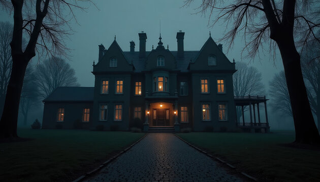 Large mansion with illuminated windows at night during fog. Exterior of gothic manor house in dark mood. Scary architecture for Halloween mystery story or horror film background scene.