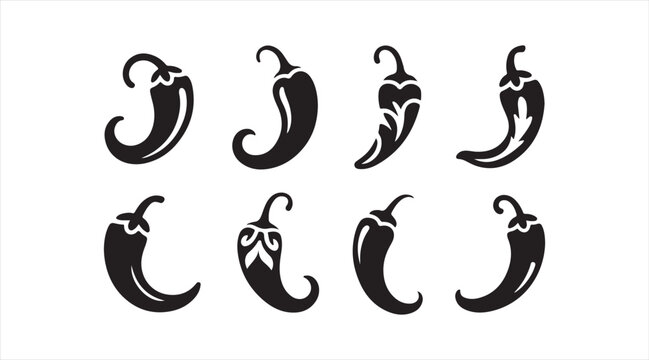 Black silhouette chili pepper icon set showing spicy vegetable designs culinary ingredients and flavorful food seasoning elements isolated on white background vector illustration