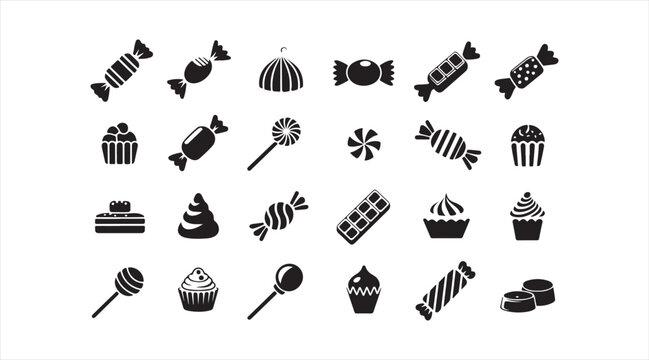 Black silhouette candy icon set showing chocolates lollipops cupcakes popcorn and assorted confectionery snacks for food and celebration concepts vector illustration