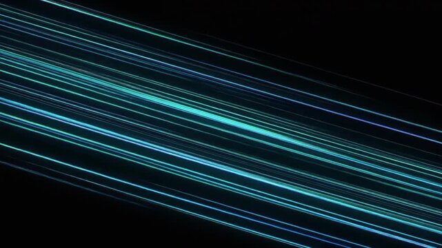 A seamless, dynamic motion graphics animation featuring fast-moving, glowing neon blue and cyan diagonal light streaks against a solid black background