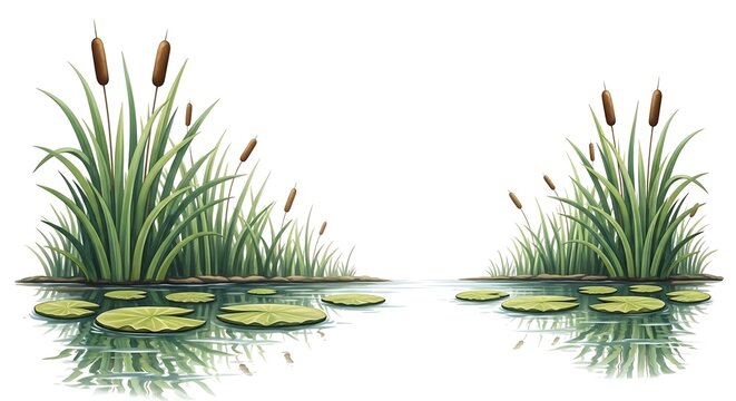 Illustration of a serene pond with reeds, water lilies, and reflections