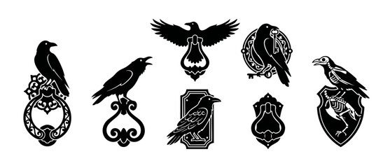 Obraz premium Raven Silhouette Door Knocker Set with gothic black crow vector icons, vintage key details, skeleton bird shield, and ornate Victorian door hardware graphics for spooky Halloween themed design art.