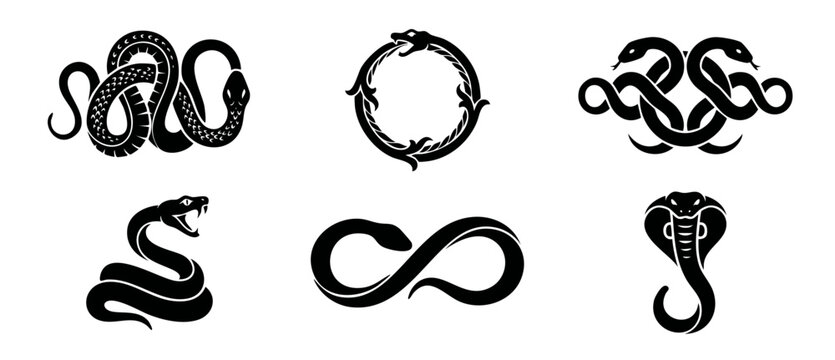 Snake vector silhouette logo icon set featuring black serpent symbols including cobra, infinity sign, and ouroboros, perfect for tattoo designs, heraldry, modern branding, and isolated graphic project