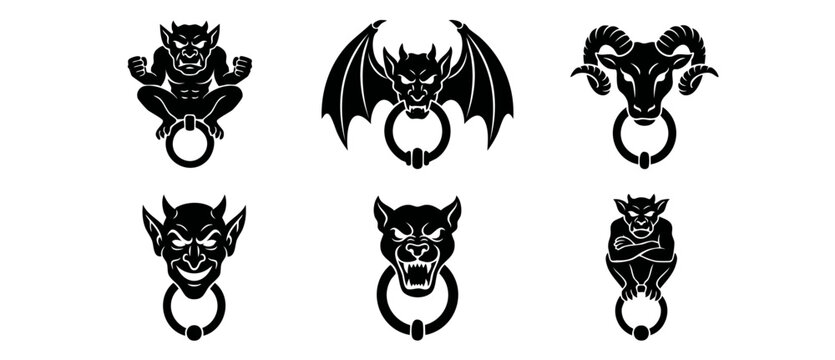 Gothic door knocker vector set featuring devil, demon, ram, gargoyle, and monster faces with metal rings. Black silhouette icons on white background for spooky Halloween decor and old medieval themes.
