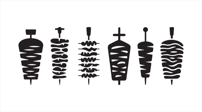 Shawarma and doner kebab silhouette icons featuring vertical rotisserie meat skewers and street food symbols vector collection