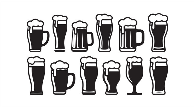Black silhouette beer icon set showing draft beer glasses frothy mugs and pub beverage containers isolated on white background vector illustration