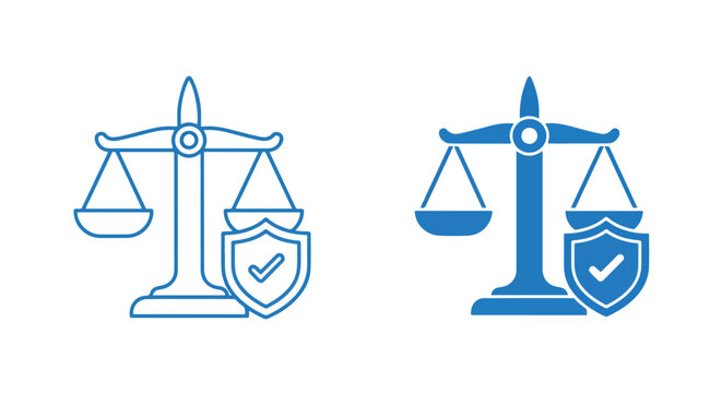 Law scale icon set in blue design: Glyph and solid icon set - Icon vector - logo icons. Blue, Black and white icons