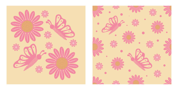 Retro hand drawn butterfly and daisy flower seamless pattern set. Aesthetic botanical daisies and butterfly pattern for textile design