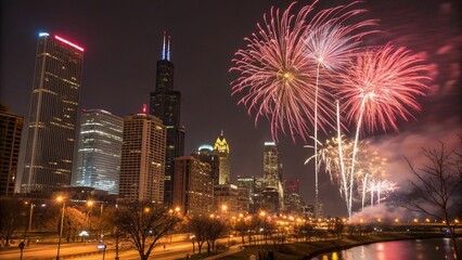 Fototapeta premium celebration with colorful fireworks exploding over a modern city skyline at night.