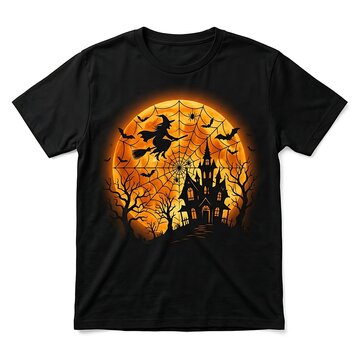 Halloween tshirt design with haunted house witch and full moon