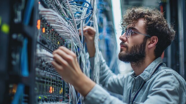 It professional examines network cables in a server room