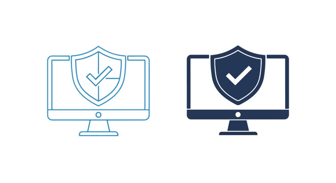 Blue monitor shield verification icon set: Clipart, sticker - icon set - Line and glyph solid icon and logo template 