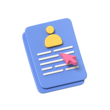 Abstract 3D illustration of a vibrant blue document with a yellow human icon and a pink cursor depicting digital identity and selection.3d render