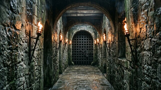 Dark medieval stone corridor with burning torches and iron gate
