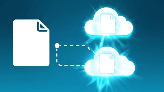 Abstract motion graphic animation showing a document file icon transferring data copies to glowing cloud storage servers with a padlock security symbol appearing at the end on a bright blue background
