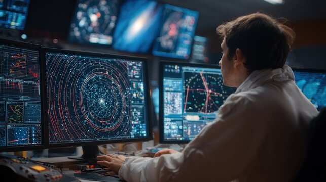 Scientist analyzing data on computer monitors in a research laboratory